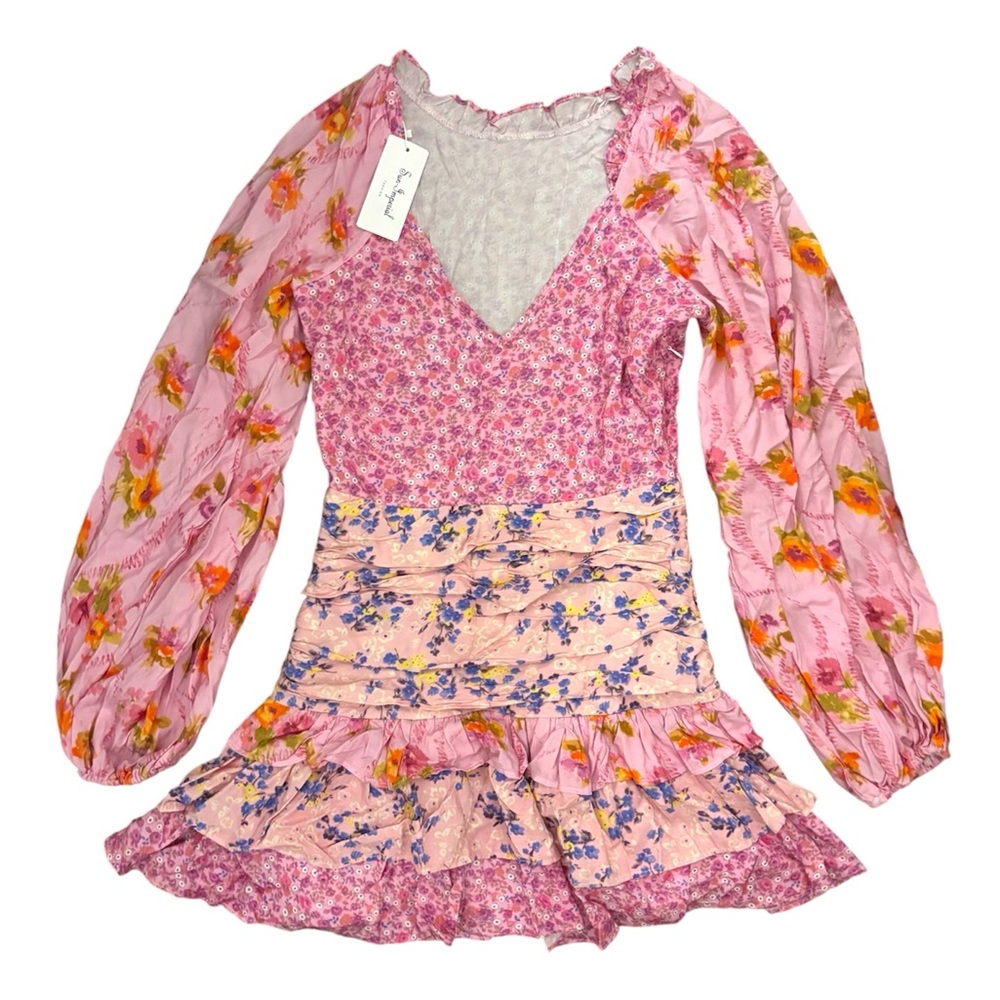 Pink Floral Ruffle Tiered Puff Sleeve Mini Dress